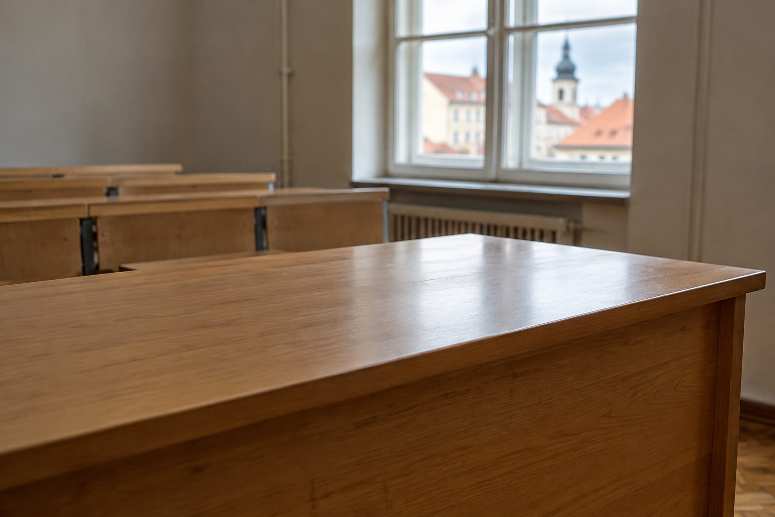 Sală de curs cu bănci goale